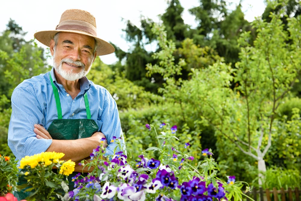 Smiling senior man wearing gardening apron in beautiful garden