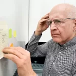 Senior-man-looking-forgetful-while-staring-at-list-on-fridge