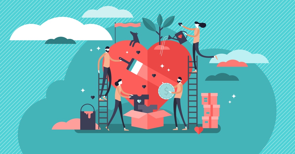 vector illustration of people volunteering by painting, donating, and watering a giant heart