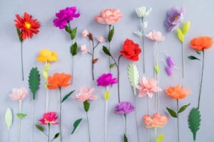 Colorful paper flowers on flat background