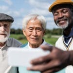 Three senior men smiling at phone for selfie while golfing